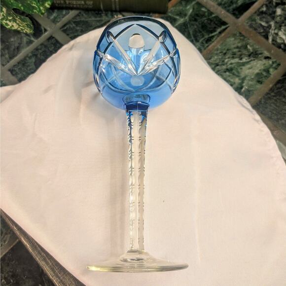 Blue & Green Vintage Bohemian Crystal Cut to Clear Unique Stem Wine Glass Pair - Picture 5 of 8